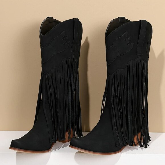 Women's Black Fringe Cowboy Boots Square Toe Mid Calf Embroidered Western Boots - Picture 5 of 6